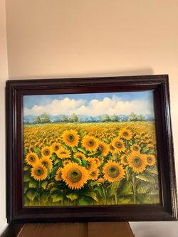 Large Textured Sunflower Field Oil Painting – Framed (25.5 x 30 in)