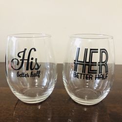 Set Of 2 Stemless Wine Glasses (HIS & HERS)—NEW
