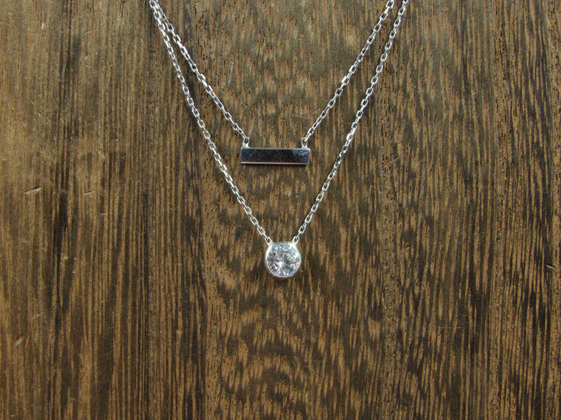 16" Sterling Silver Double Layer Single Cubic Zirconia Necklace Vintage
