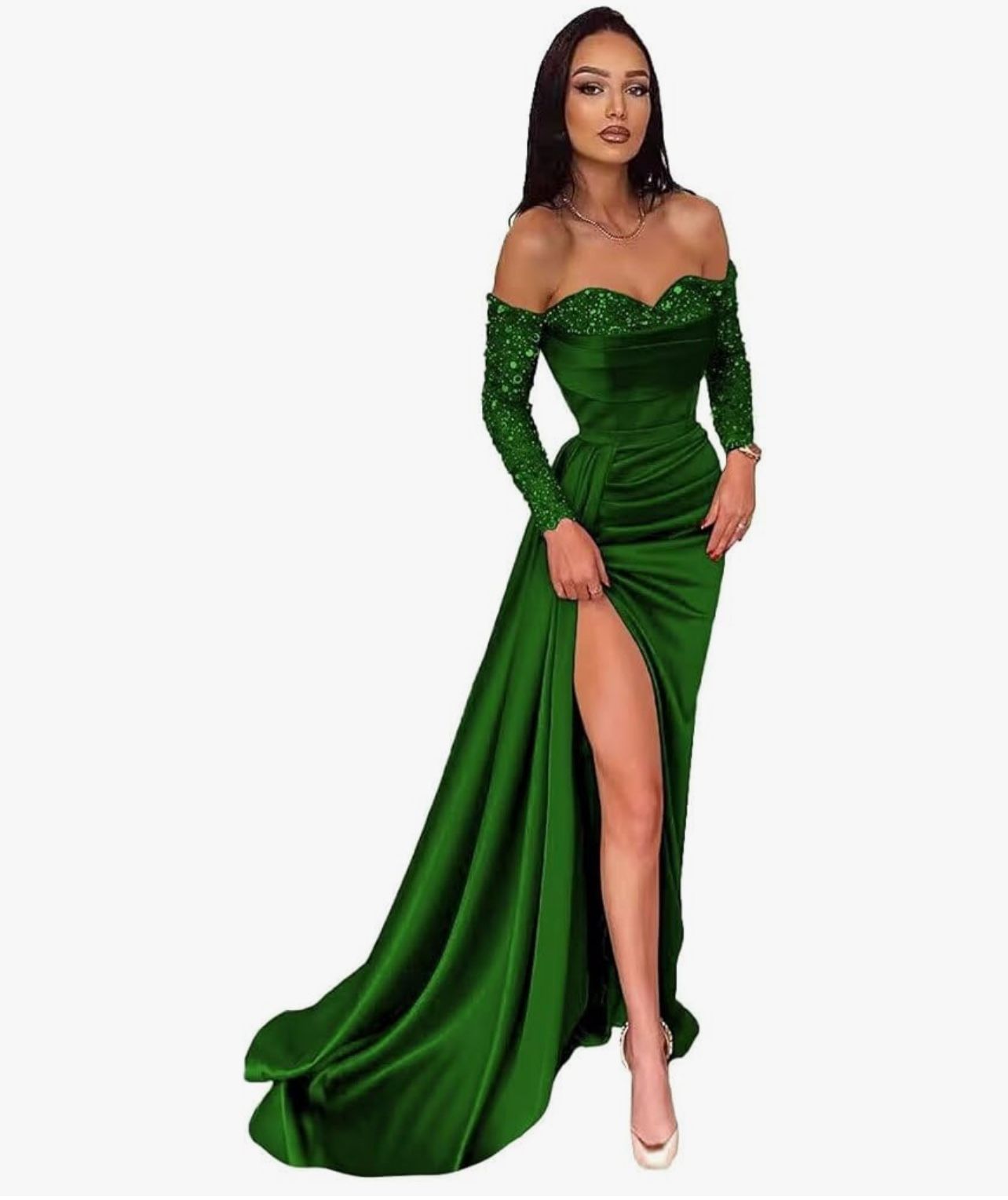 Off The Shoulder Sequin Long Sleeve Prom Dresses Long Satin Mermaid Evening Gown for Women Formal Dress with Slit