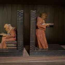 Vintage Pair of Hand-carved Wood Monks or Priests Reading Bookends Thumbnail