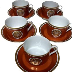 5 Fitz & Floyd Medaillon d'Or Orange Flat Cups and Saucers Gold Medallion