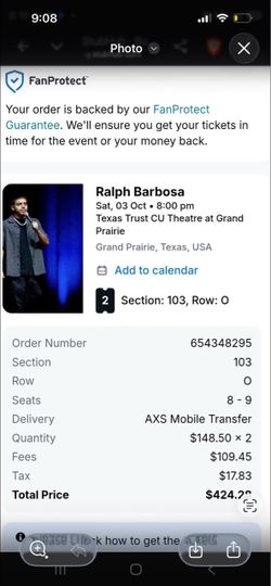 Ralph Barbosa Section 103 2 Tickets