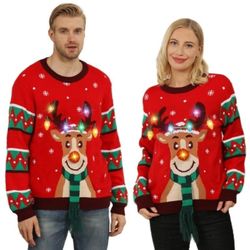 New ONE Mens Or Women's Large Christmas Lights Reindeer Sweater