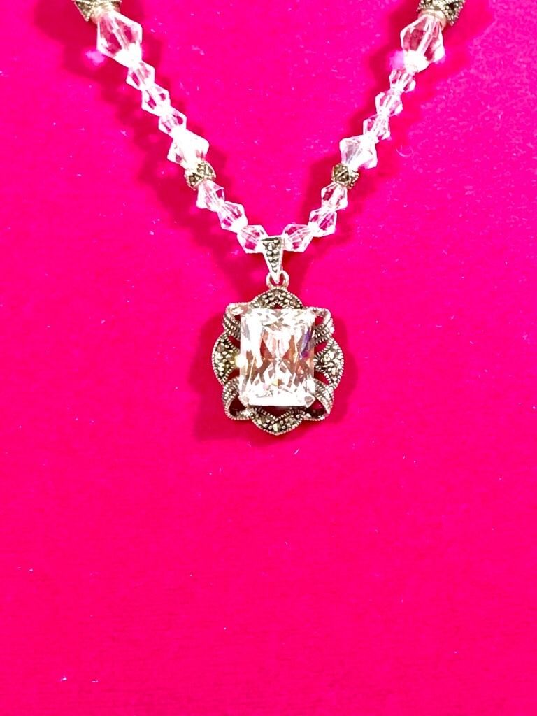 Silver Crystal Necklace with Vintage .925 Pendant