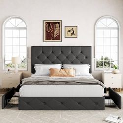 Upholstered Queen Size Platform Bed Frame with 4 Storage Drawers and Headboard