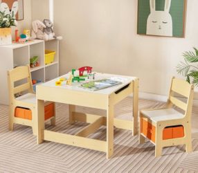 Costway Kids Table Chairs Set With Storage Boxes Blackboard Whiteboard Drawing Nature