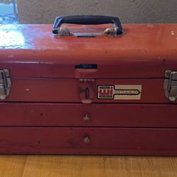 Vintage Red  Waterloo Industries Two Drawer Metal Toolbox Tool Box - Storage, Garage or Garden Decor