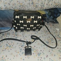 Kate Spade New York purse bag crossbody ribbon black white gold 