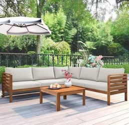 Assembled New 4-Piece Outdoor Sectional Furniture Set Acacia Wood Patio Sofa Set w/ Coffee Table