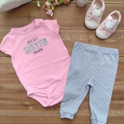 6MOS 2-PIECE OUTFIT HOT PINK 'BEST SISTER EVER' BODYSUIT W/PALE BLUE POLKA-DOT LOUNGE PANTS