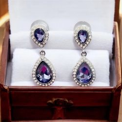 Monet Silver CZ and Amethyst Dangle Earrings 