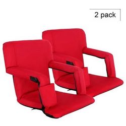 New Set of 2 Portable Red Stadium Outdoor Bleacher Chairs with Cup Holders