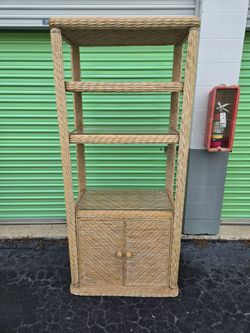 Vintage Wicker and Rattan Etagere Shelving Unit with Cabinet