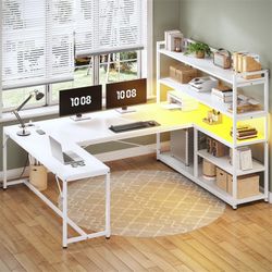 63” White L Shape Desk with Storage Shelves (Damage)