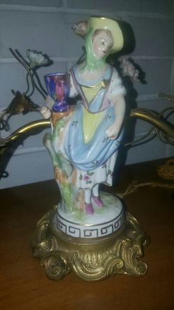 Hand Painted Porcelain and Bronze 2 light lamp by Dresden Early 1900's