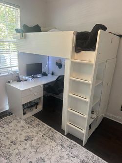 White Loft Bed with Desk and Storage