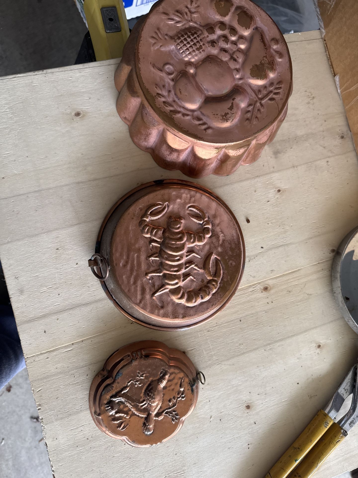 Vintage Copper Wall Molds – Set of 3 (Fruit, Lobster, Bird Designs)