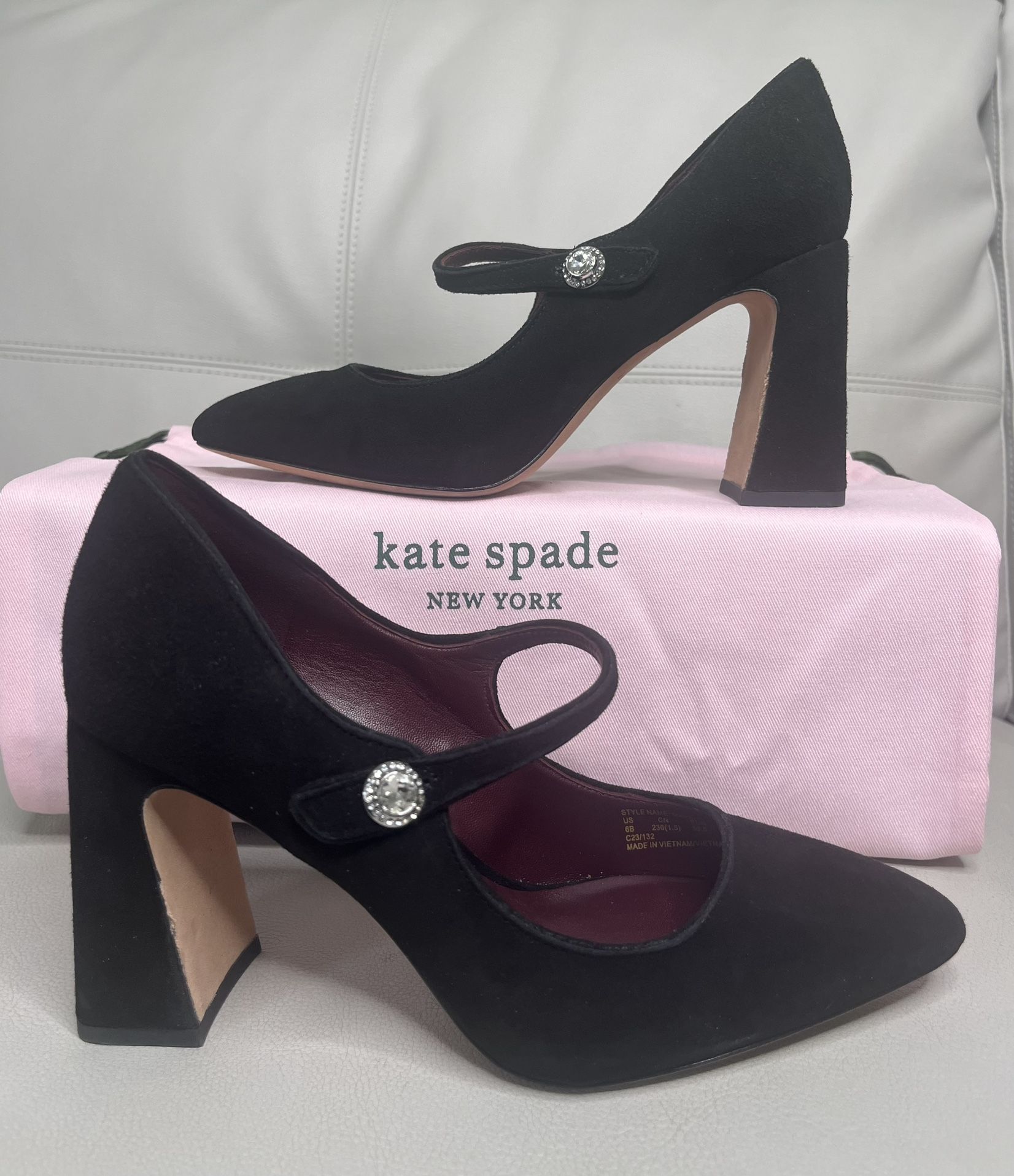 Kate Spade Marcy Black Suede Logo Mary Jane Block Heel Pumps Women’s Size 6
