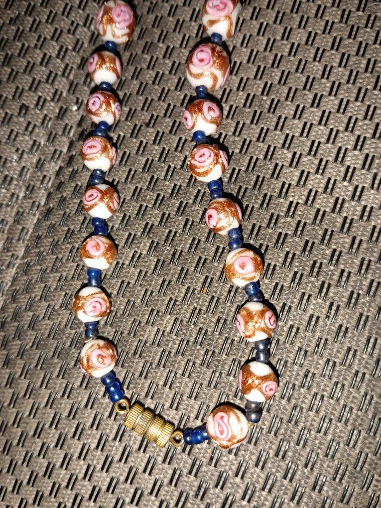   "Pink Roses Wedding Cake. Murano Necklace, 1930's

