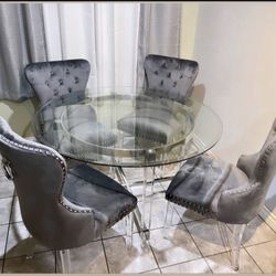 5 Pc Dining Set Modern | Round Glass Table 