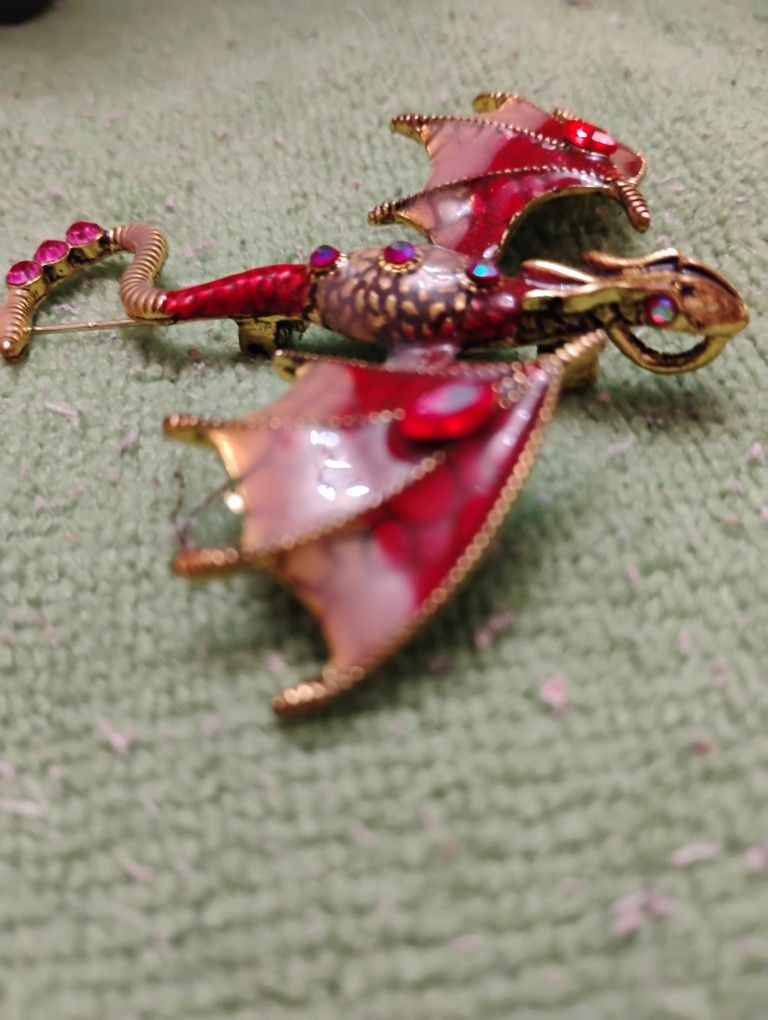 Red Dragon Brooch/Pendant W Crystal Gold Accents - 70mm Across
