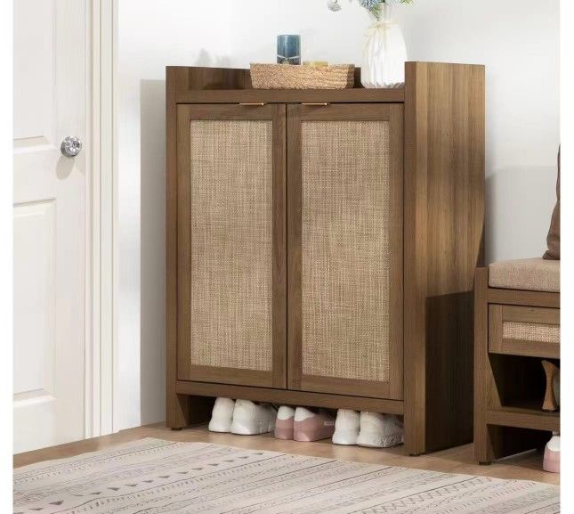 SCEWA10001OA New in box Shoe Cabinet, 24 Pair Shoe Storage Organizer Cabinet, 41" Tall Rattan Shoe Cabinet with Doors and Shelves, 6-Tier Farmhouse Bo