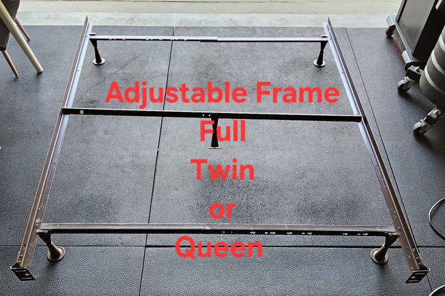 ADJUSTABLE BED FRAME FOR QUEEN/ FULL/ TWIN

Adjust frame to fit queen/ twin/ full. From non smoking pet free home.