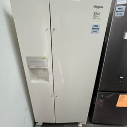 $949 Whirlpool 33”W Biscuit Colored Side by Side Fridge, One Year Warranty
