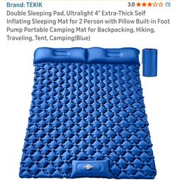TEKIK Double Sleeping Pad – Extra Thick 4" Self-Inflating Camping Mat (Blue