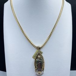 14k Solid Gold Franco Chain And Virgen María Pendant With Diamonds , Necklance Gold 