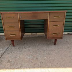 Vintage Solid Wood And Metal Desk 