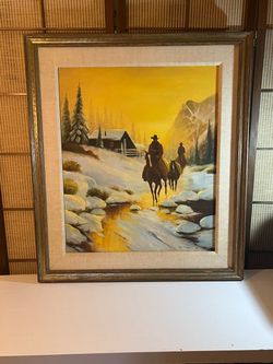 Vintage Original Oil Painting Western Winter Cowboy Scene, Signed Tom McGhee 24" x 24" Framed