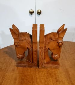 Vintage Mid-Century Boho Carved Wood Horse Head Bookends Pair