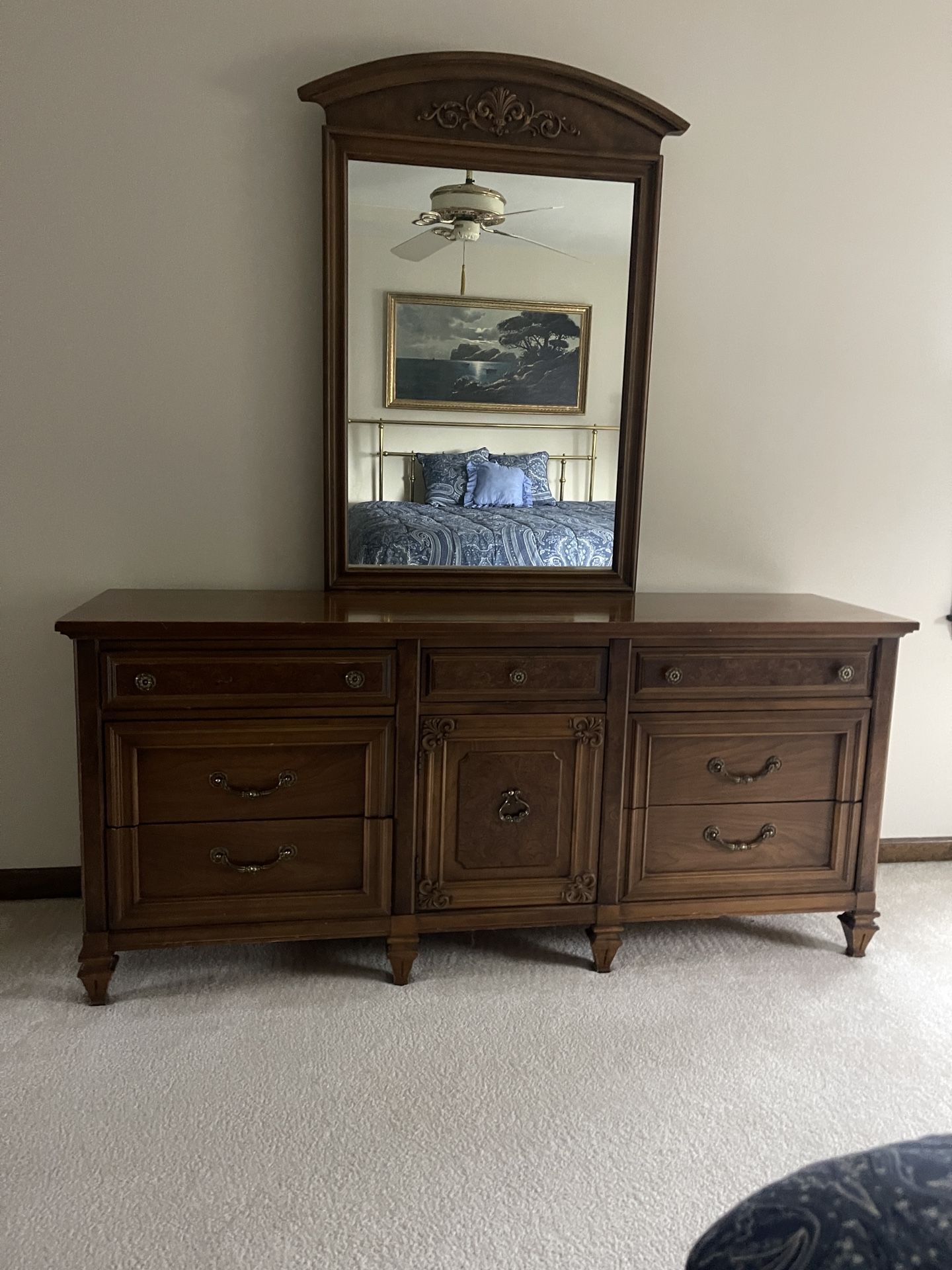 Vintage bedroom set: Dresser with mirror, Tallboy Dresser and nightstand.