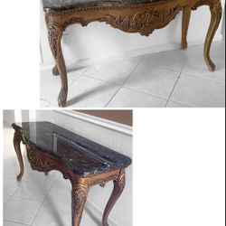 French Provincial Carved Wood Marble Top Consoles 