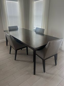 West Elm Expandable Dining Table & 4 Genuine Leather Chairs Set - Mid-Century Modern