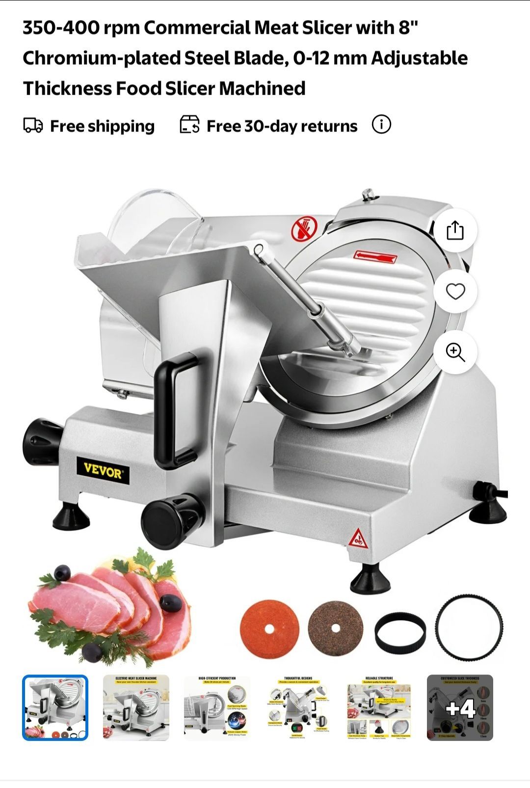 VEVOR Meat Slicer, 200 W Electric Deli Food Slicer, 350-400 rpm Commercial Meat Slicer with 8'' Chromium-plated Steel Blade, 0-12 mm Adjustable Thickn