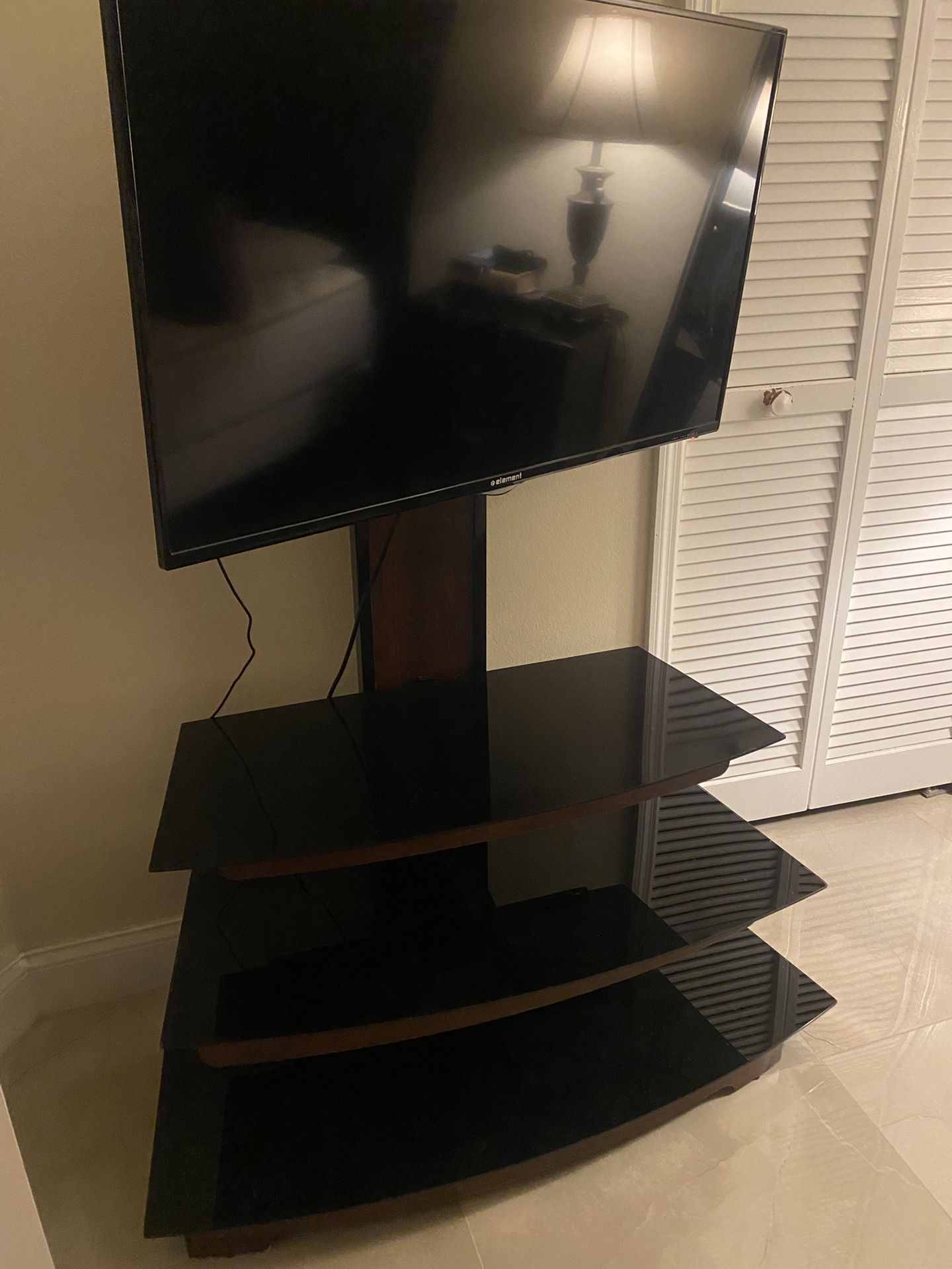 Curved Tv Stand Mount With 3 Open Dark Glass Shelves (tv Not Included)