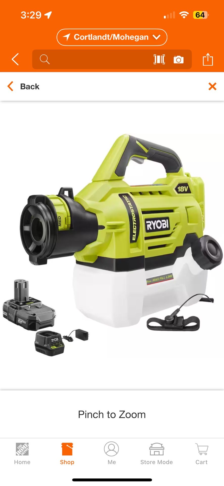 RYOBI ONE+ 18V Cordless Electrostatic 0.5 Gal Sprayer with 2.0 Ah Battery and Charger