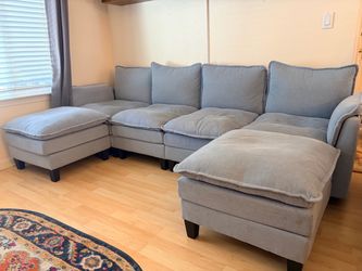 Blue couch w/ 2 ottomans