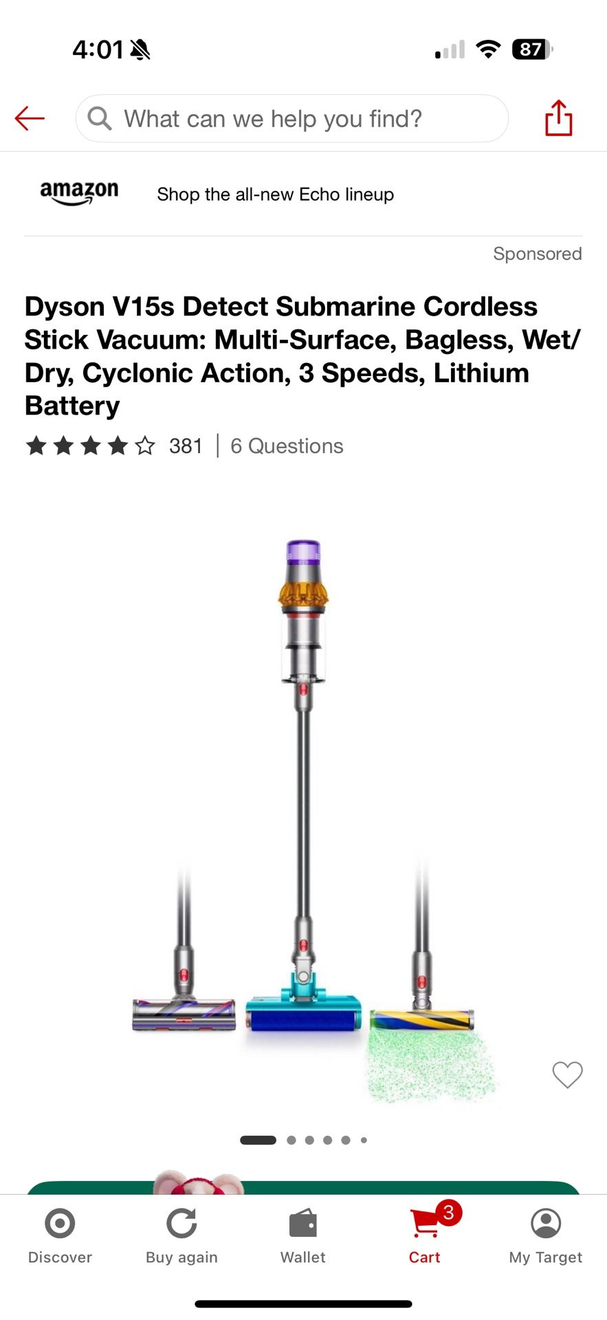 Dyson V15s Detect Submarine Cordless Stick Vacuum: Multi-Surface, Bagless, Wet/ Dry, Cyclonic Action, 3 Speeds, Lithium Battery