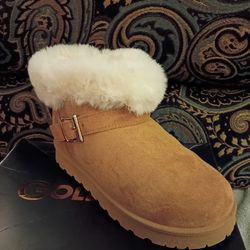 Goldnut Women's Bootie Tan Suede Faux Fur Lining Buckle Flat Heel Size 6