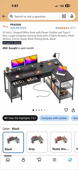 PRAISUN 55-Inch L-Shaped Desk with Drawers and Shelves