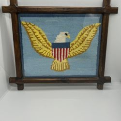 VTG  1970s Hand Embroidered American Bald Eagle W Flag Shield Wood Frame 11X13”