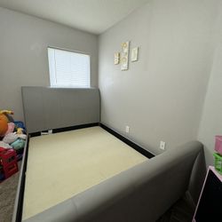 Grey leather Queen bed frame with bunny board and slats (no mattress included) $115