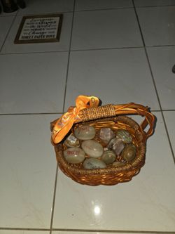 These are polished onyx and agate stone eggs and crystal geometric carvings, come with original wicker display basket. Good collectible decor set, all