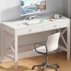 ChooChoo Computer Desk Study for Home Office, Modern Simple 40 Inches White Desk with Drawers, Makeup Vanity Console Table
