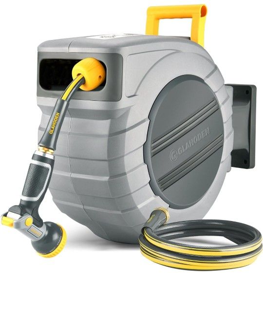 Retractable Garden Hose Reel - 1/2 in x 115 ft Upgraded UV Resistant Automatic Wall Mounted Water Hose Reel 3/4 in Brass Fitting 9 Pattern Nozzle Any