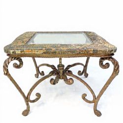  Tuscan Mosaic Iron Coffee Table w/ Glass Top – Vintage Old World Style